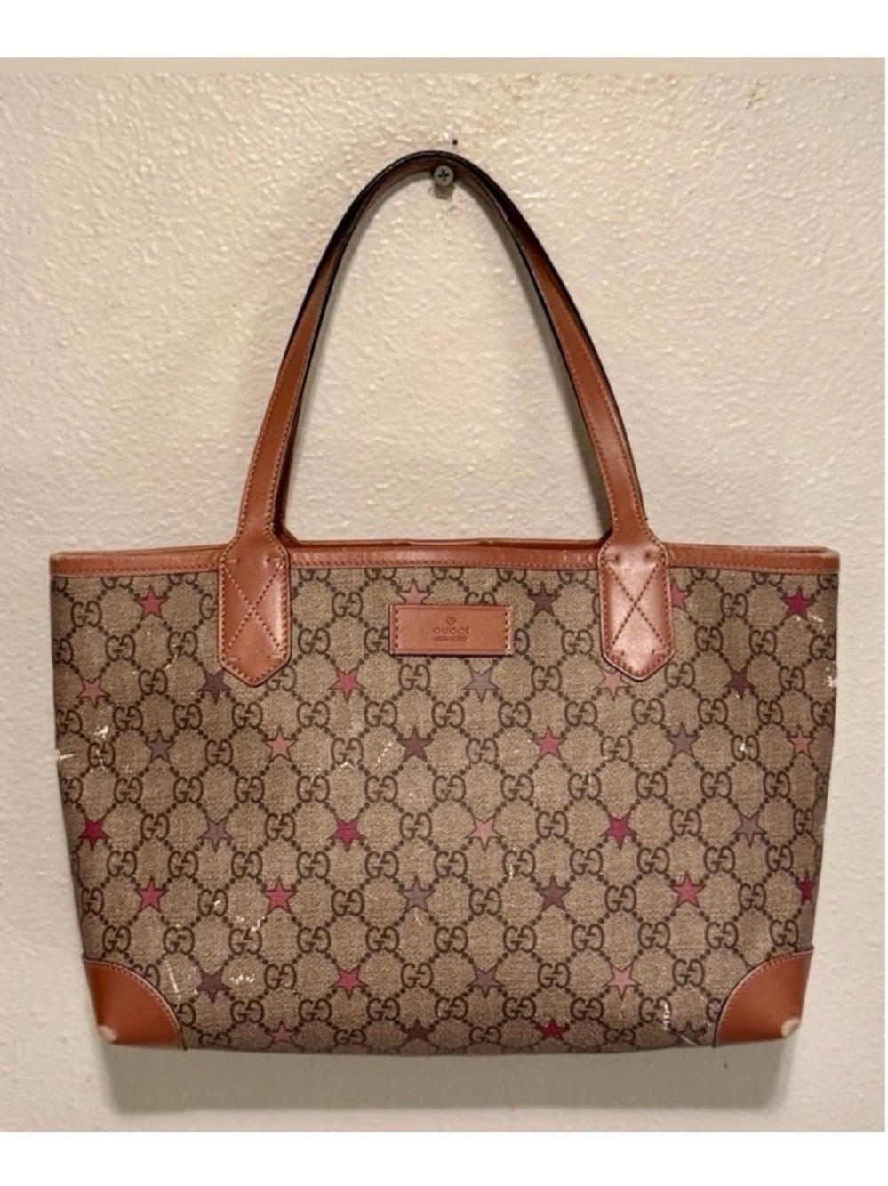 GUCCI Star GG Supreme Tote Bag Tan Beige Pink Stars Coated Canvas & Leather